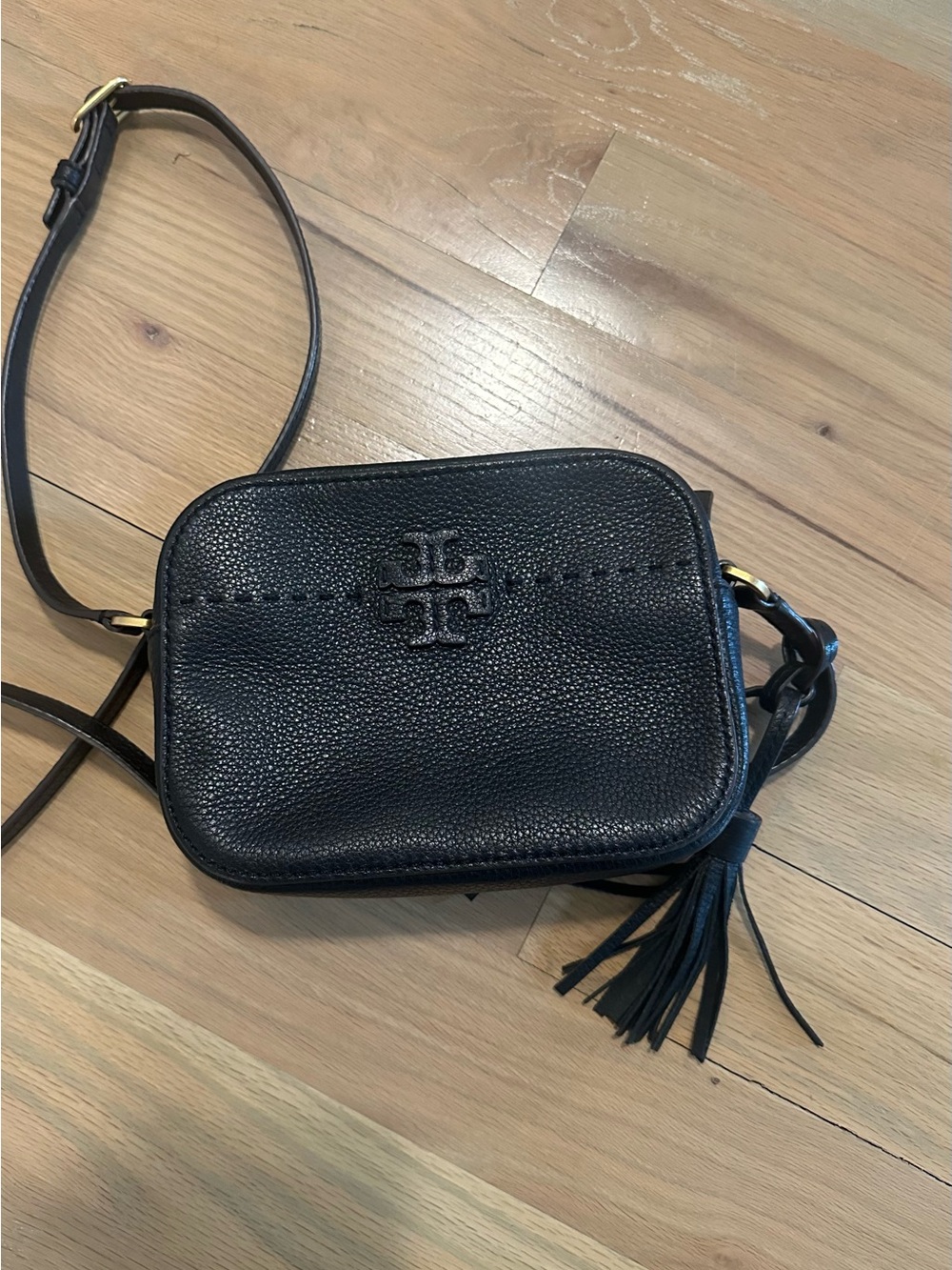 Tory Burch Black Pebbled Leather Tassel Crossbody